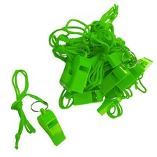 Bag of 100 Green Plastic Whistles with Lanyard Neck Cord - Football Sports