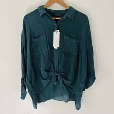 Maven West Cargo Pocket Top Front Tie Dark Teal Cupro Blouse Size XS NWT
