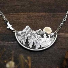 Vintage Fashion Landscape Mountain Forest Sunset Pendant Necklace Fashion Trendy