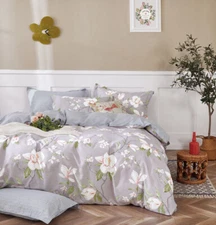 Warm Magnolia Print Cotton Bedding Set: 3pc/5pc Duvet Cover Set or 4pc Sheet Set