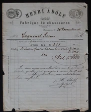Facture 1881 PIRMASENS FABRIQUE DE CHAUSSURE HENRI ADOLF 152