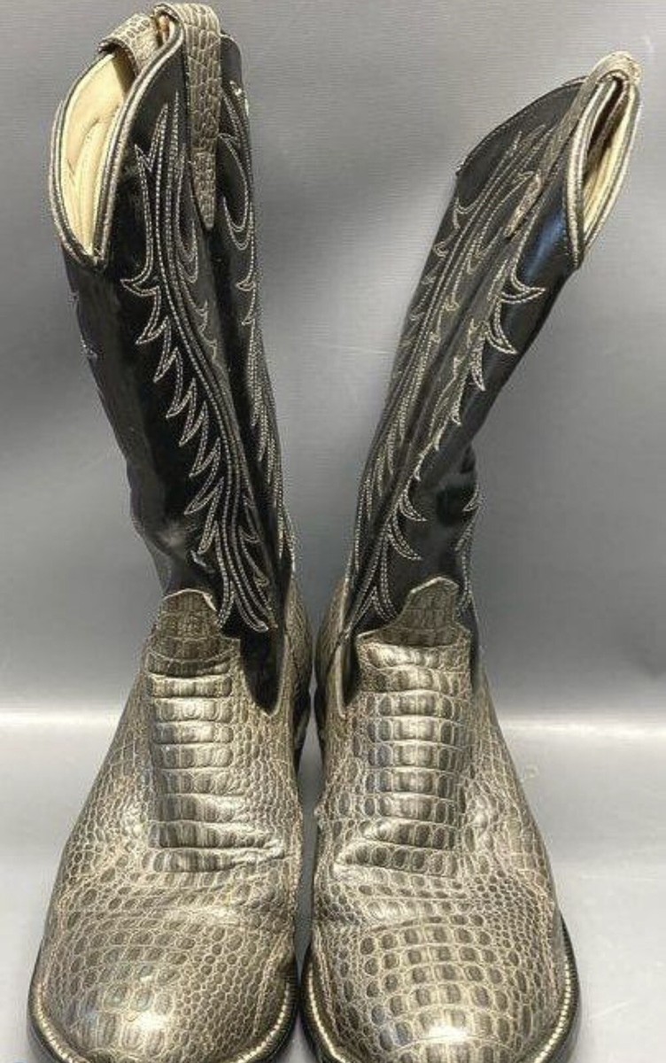 靴 00s archive caiman Western boots y2k Y2k 90s Men's Black Caiman Alligator Skin Cowboy Boots Size 9.5
