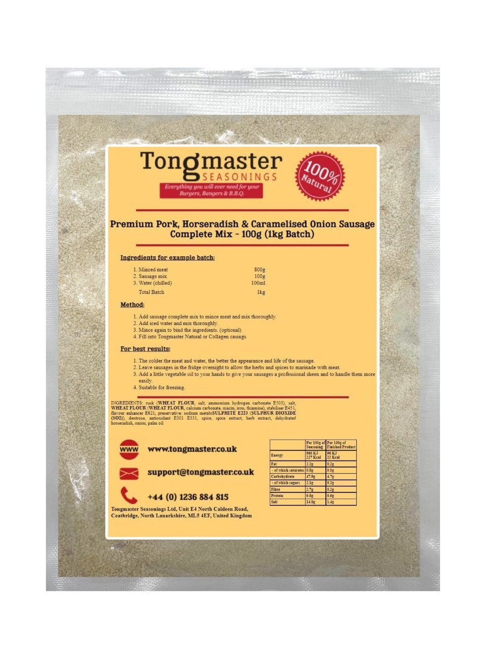 Premium Horseradish & Caramelised Onion Sausage Complete Mix - 100g (1kg Batch)