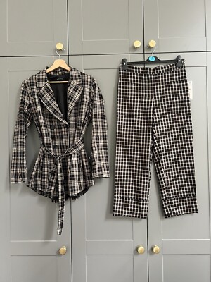 ZARA Grey Checked Suit Belted Double-breasted Blazer High Waist Trousers  Set S UK