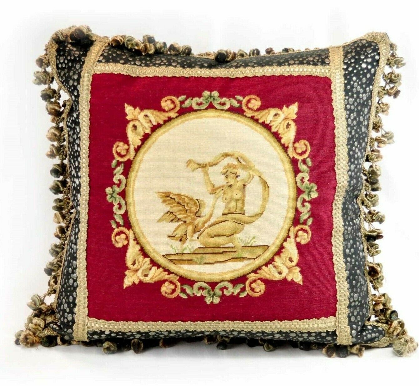 Wool Needlepoint Throw Pillow Cover Angel and Swan Petit Point Cushion 23x23
