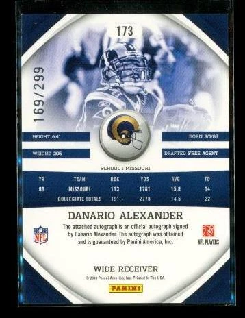 2010 Gridiron Gear Gold X Signatures 169/299 Danario Alexander Rookie Auto #173 - Image 2 of 2