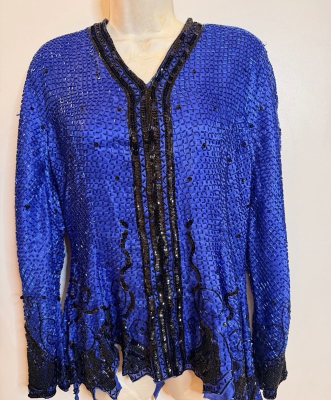 Vintage Fabrice Silhouette Beaded Sequin Silk Lined Zip Jacket Womens 14