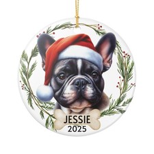French Bulldog Dog Ceramic Ornament, Santa Hat Wreath, Custom Name Year