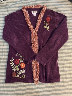 Vintage Chenille Knit J Two Floral Embroidered Deep Magenta Sweater Cardigan