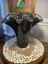 Murano Art Glass Black and Copper Color 12” tall Ruffled Vase, Italian
