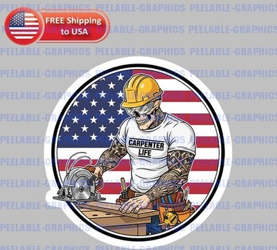 Carpenter Hard Hat Sticker American Skull Circular Saw Hammer Decal 3'' Circle D