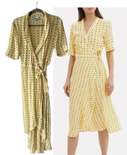 Ganni Womens 36 EUC Floral Midi Length Wrap Dress Yellow Daisy Print Tie Waist