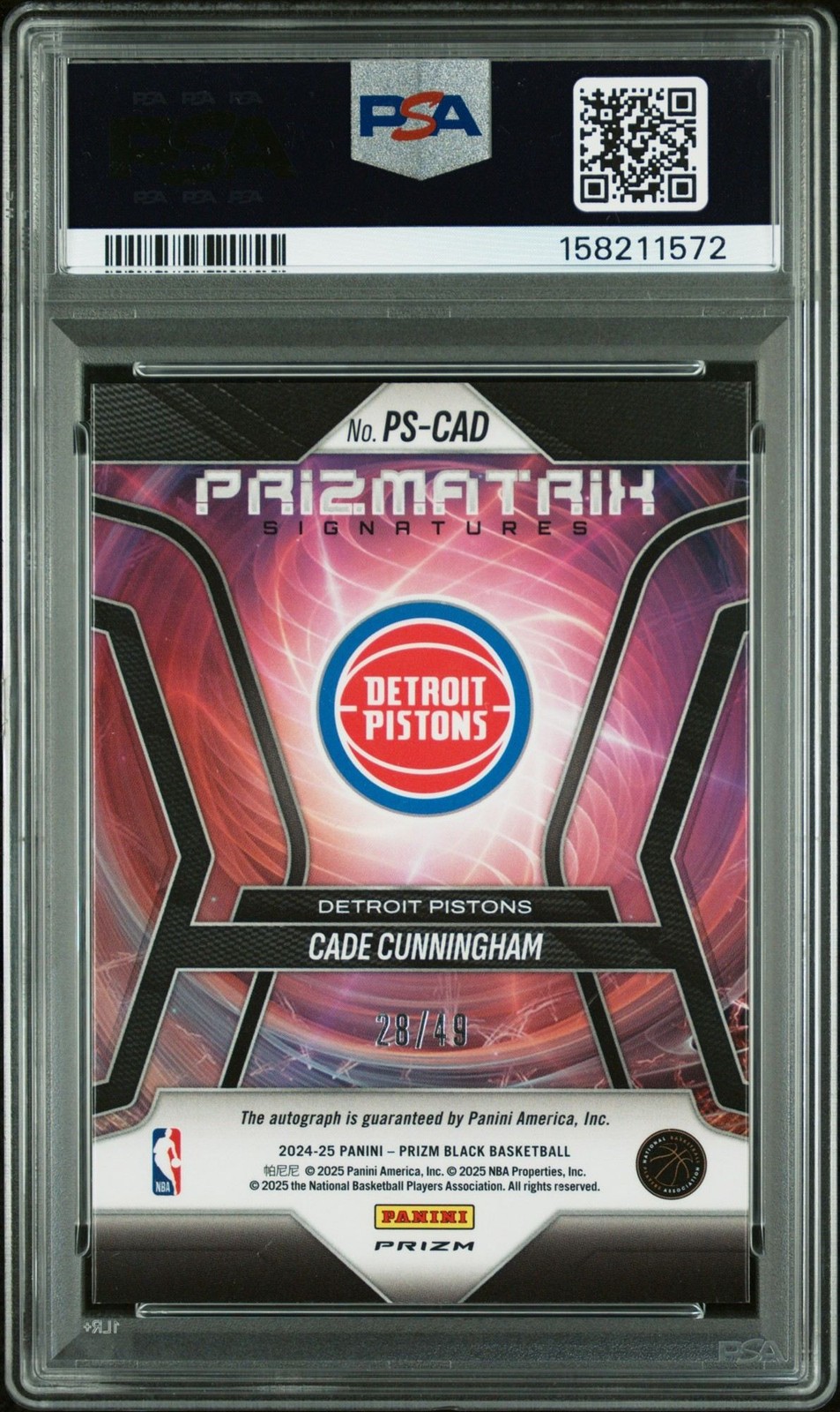 2024-25 Prizm Black Prizmatrix Blue 28/49 Cade Cunningham Auto PSA 10 BB2 view 2