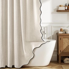 MIULEE Linen Scalloped Cream Shower Curtain with 12 Metal Hooks Boho Farmhouse C
