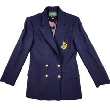 Ralph Lauren Double Breasted Crown Crest Logo Blazer Navy Wool Gold Button Sz 4