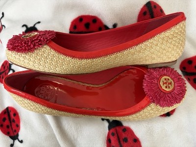TORY BURCH Reva Ballet Flats Raffia Straw Red Fuchsia Leather Gold Logo Size 9.5