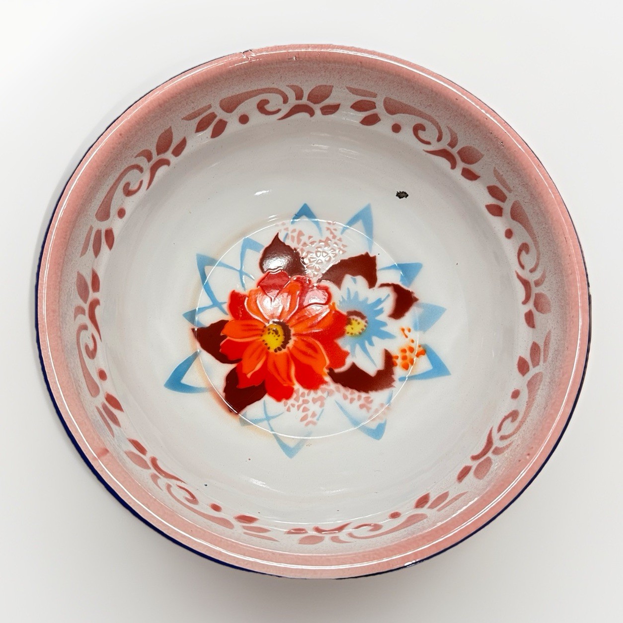 Vintage YAMATA Large Enamelware Bowl - Floral - Decor Rustic Collectible Farm