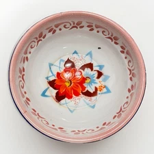 Vintage YAMATA Large Enamelware Bowl - Floral - Decor Rustic Collectible Farm