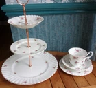 3 tier china cake stand & tea trio with ditsy pink rosebuds