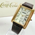 SEIKO Enjoy Coca Cola Vintage Watch Rectangular Gold Case Brown Leather