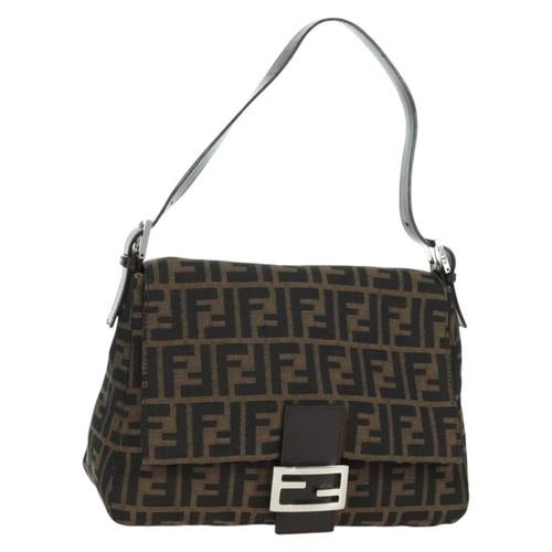 FENDI Zucca Canvas Mamma Baguette Shoulder Bag Black Brown Auth 178747V