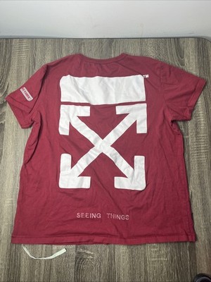 Off-White Main Label Virgil Abloh Red T-Shirt Tee Seeing Things Arrows Sz L Auth
