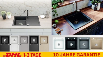 FAIZEE MÖBEL Granitspüle 49x52/75x43 verschiedene Farben Eckig Einbauküchenspüle inkl. Siphon