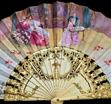 Fine Antique Late 19th MUSEUM Quality European Hand Painted Carved Fan Ca 1890