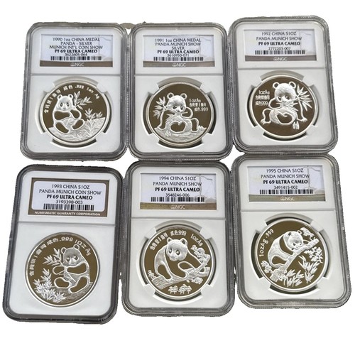 1990-1995 1China panda Munich Show Silver Pf69 1 Oz X 6 Coins