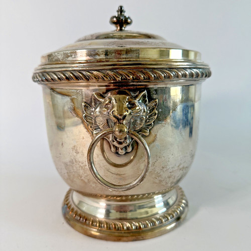 Poole Silver Co. Silverplate Antique Ice Bucket with Lid, Lion Head Handles