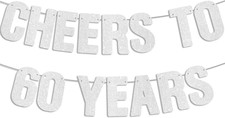 Pre-Strung - Cheers to 60 Years Silver Glitter Banner, Happy 60Th Birthday Decor