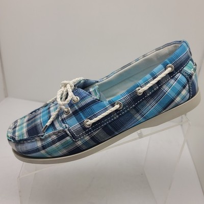 Sebago Seashore Two-Eye Blue Plaid Canvas Boat Shoes Size 9 M Excellent 