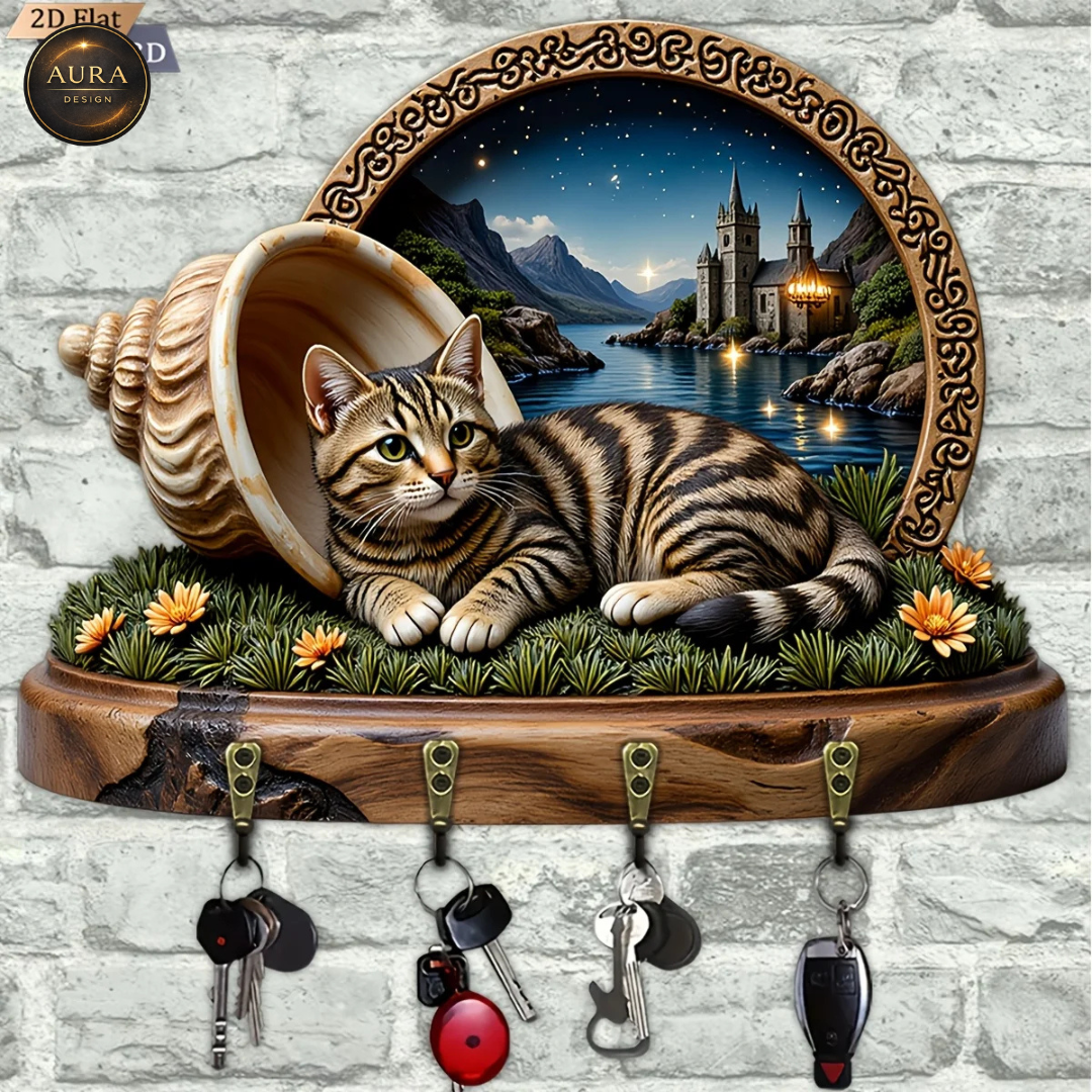 30cm Wall Keychain - Cat Tabby Organizer 2D 4 Hooks Entrance