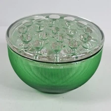 Vintage Clear Glass Flower Frog with Green Glass Bowl 5" (Small chip)