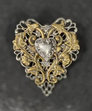 Vintage Kat's Creations Two Toned Filigree Heart Brooch