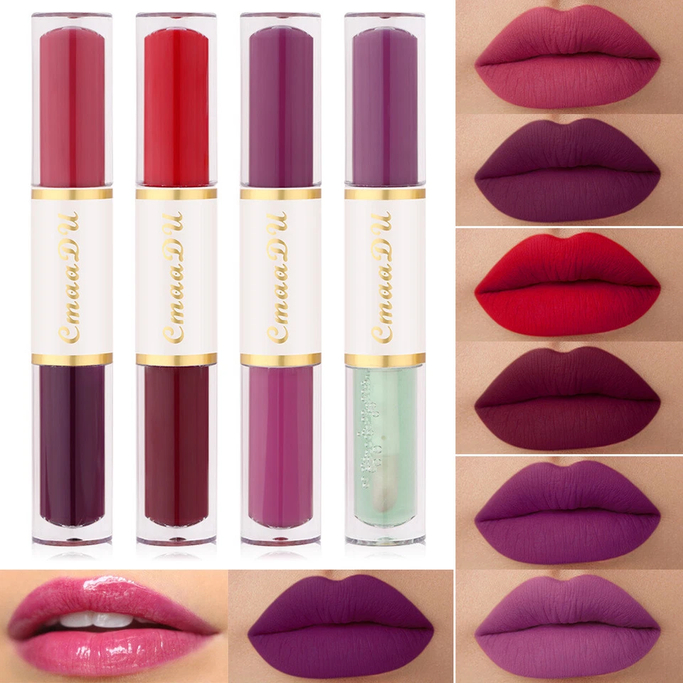 8 Color 4Pcs/Gift Set Dual Ended Design 2 IN 1 Velvet Matte Lipstick Lip Gloss - Image 2 of 4