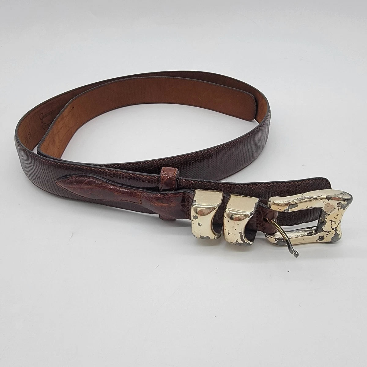 Vtg Cale Sarah Peck Black Lizard Crocodile Leather Belt Silver Gold Accents M Woman main image 2