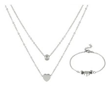 Stainless Steel Chain Set of Layered Necklace and Bracelet with Heart Charms