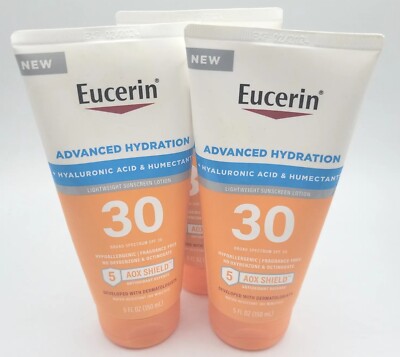 Lot Of 3 Eucerin Advanced Hydration Hyaluronic Acid & Humectants SPF30 Sunscreen