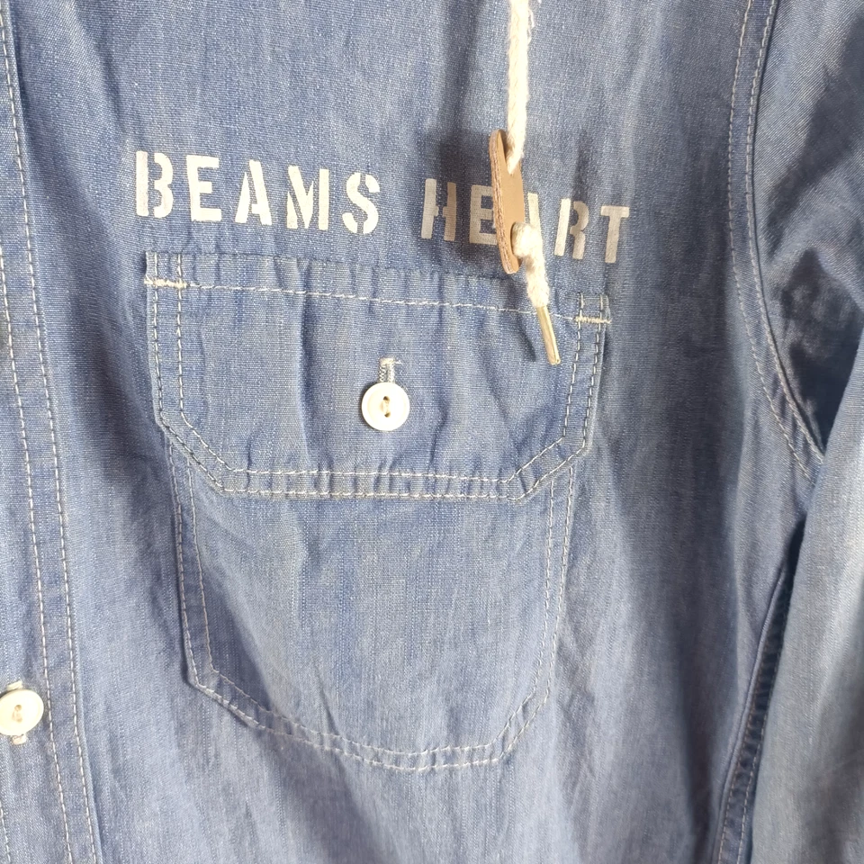 Beams Heart Hooded Denim Long Sleeve Shirt Men's Size M - Image 4 of 4