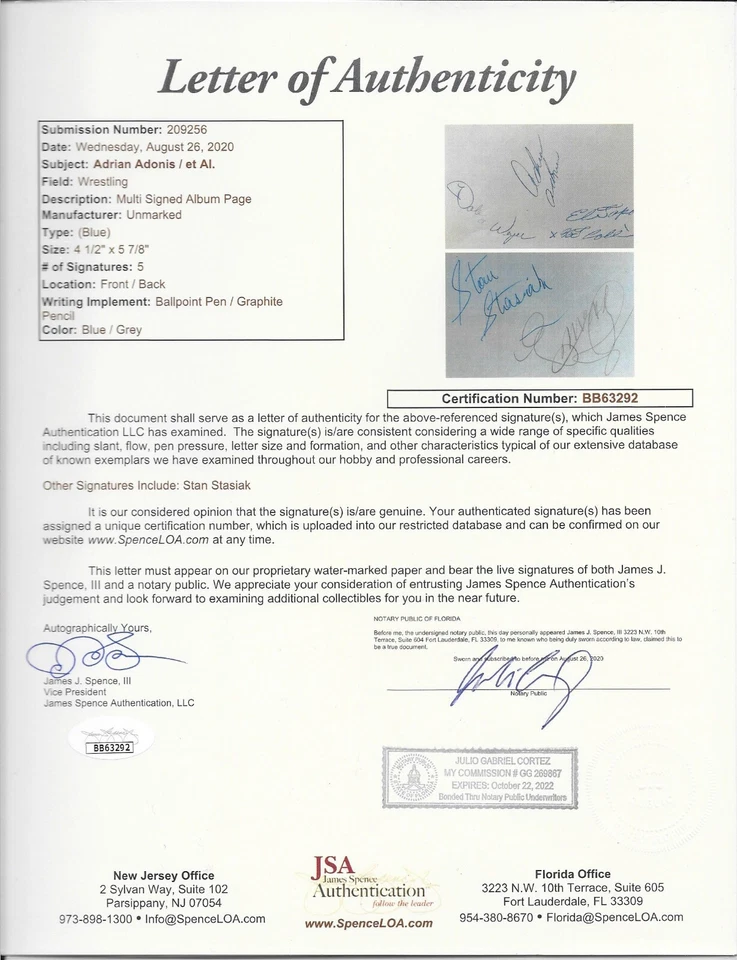 WWF Legends Adrian Adonis & Stan Stasiak Signed Album Page - JSA Authenticated - Image 3 of 3