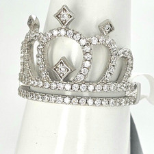 Solid 925 Sterling Silver Sparkling Tiara Queen Crown Ring, 3D 16mm, Size 7