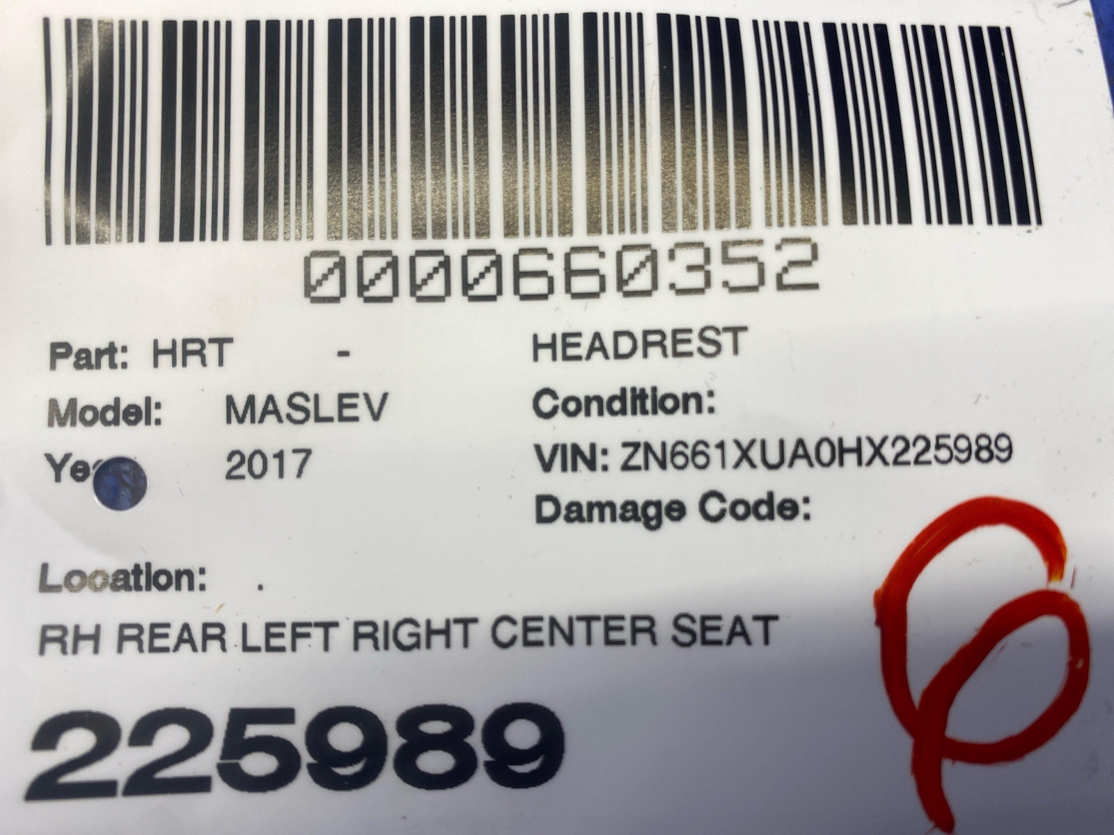 2017-2024 MASERATI LEVANTE REAR LEFT RIGHT CENTER SEAT HEADREST SET 3 *INDENT*