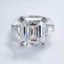8.50Ctw Emerald Cut Moissanite Three Stone Engagement Ring 14K White Gold Plated
