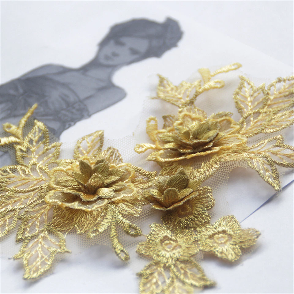 2pcs 3D Embroidery Flower Lace Bridal Applique Lace Tulle Wedding Dress Decor - Image 3 of 4