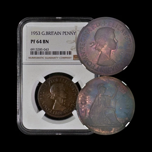 GREAT BRITAIN. 1953, 1 Penny - NGC PF64 - Seated Britannia RARE Toned 043 🌈