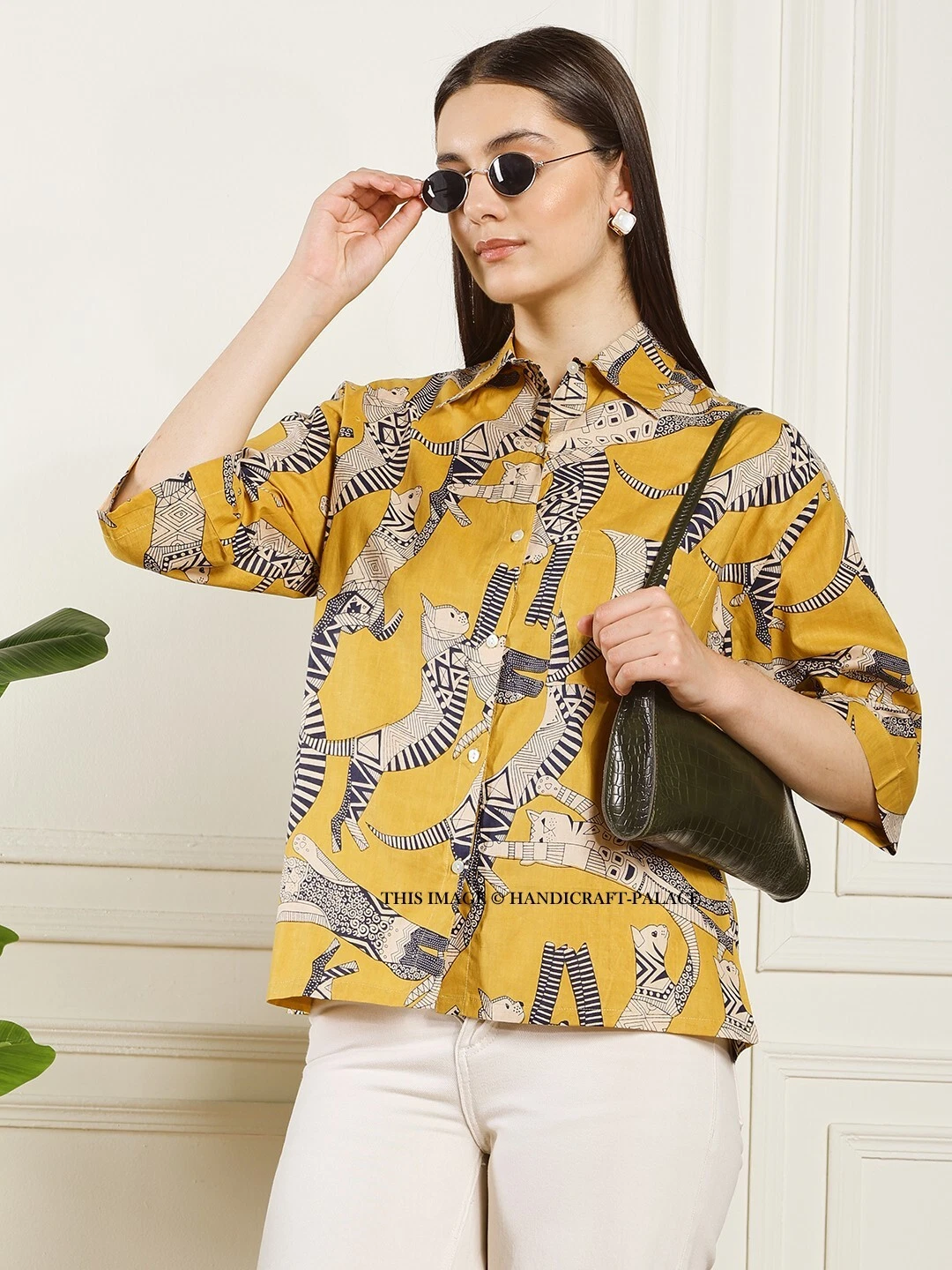 Women Cat Print Short Sleeve Cotton Shirt Oversize Baggy Button Down Blouse Tops