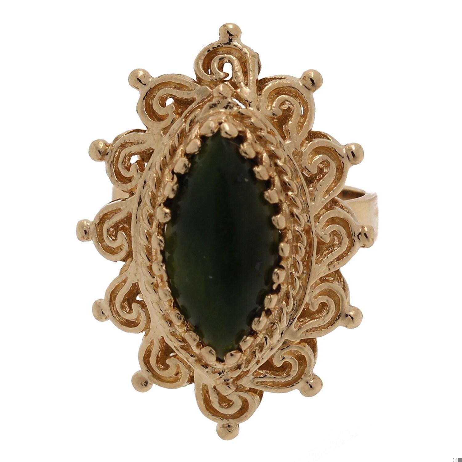 Nephrite Jade Solitaire Statement Ring Yellow Gol… - image 1