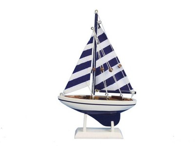 Wooden Blue Striped Pacific Sailer Model Sailboat Decoration 9''