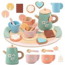 Best KDSFT Tea Party Set for Little Girls Wooden Kids with Teapot Cups Coasters